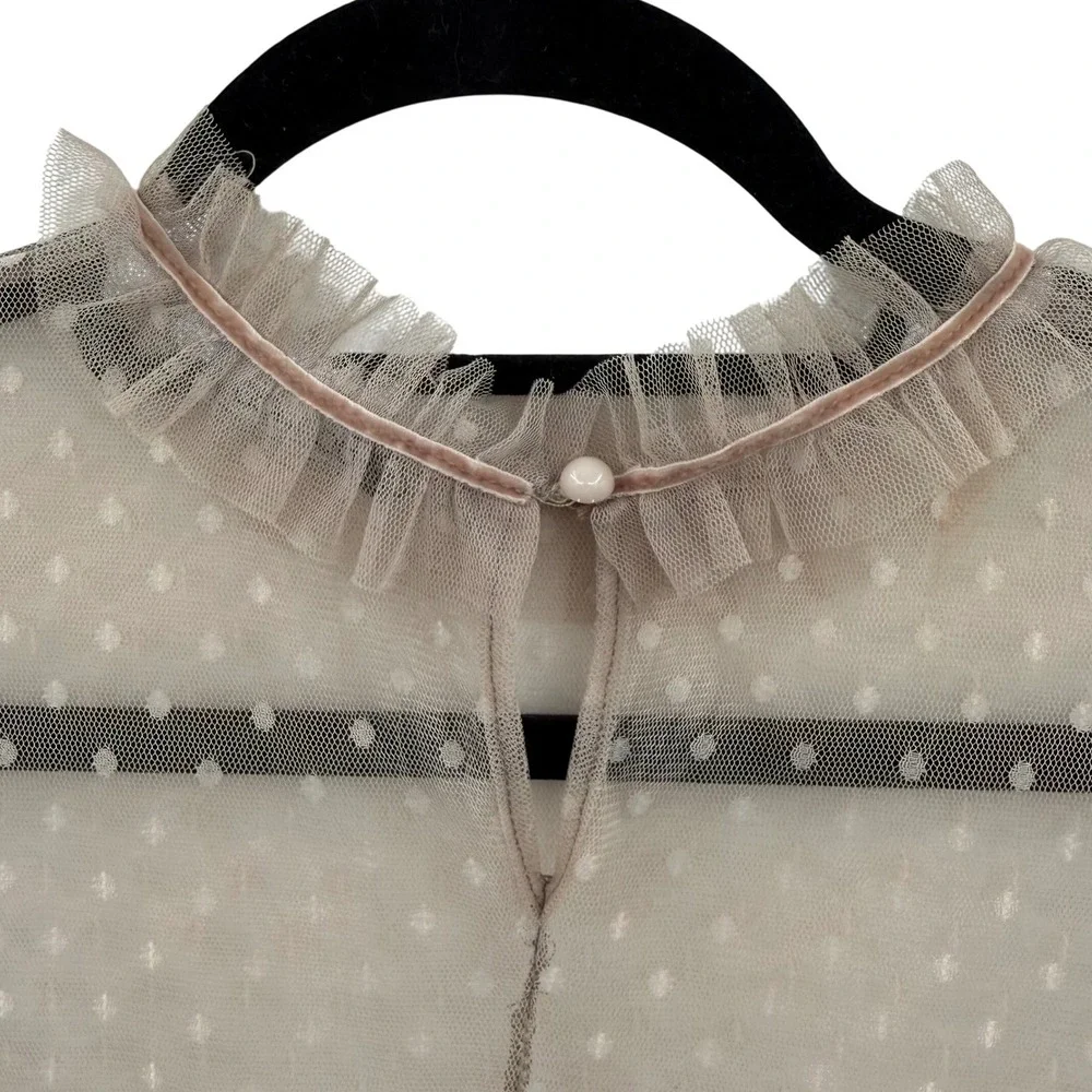 BooHoo Midi Long Sleeve Dress Tule Tiered Size 8‎ Tan Lace Sheer Romantic - Picture 10 of 13